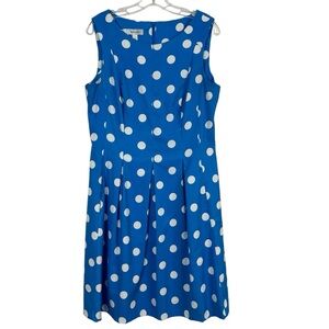 Blue and White Polka Dot Box Pleat Fit and Flare Midi Dress Women’s Plus Size 16